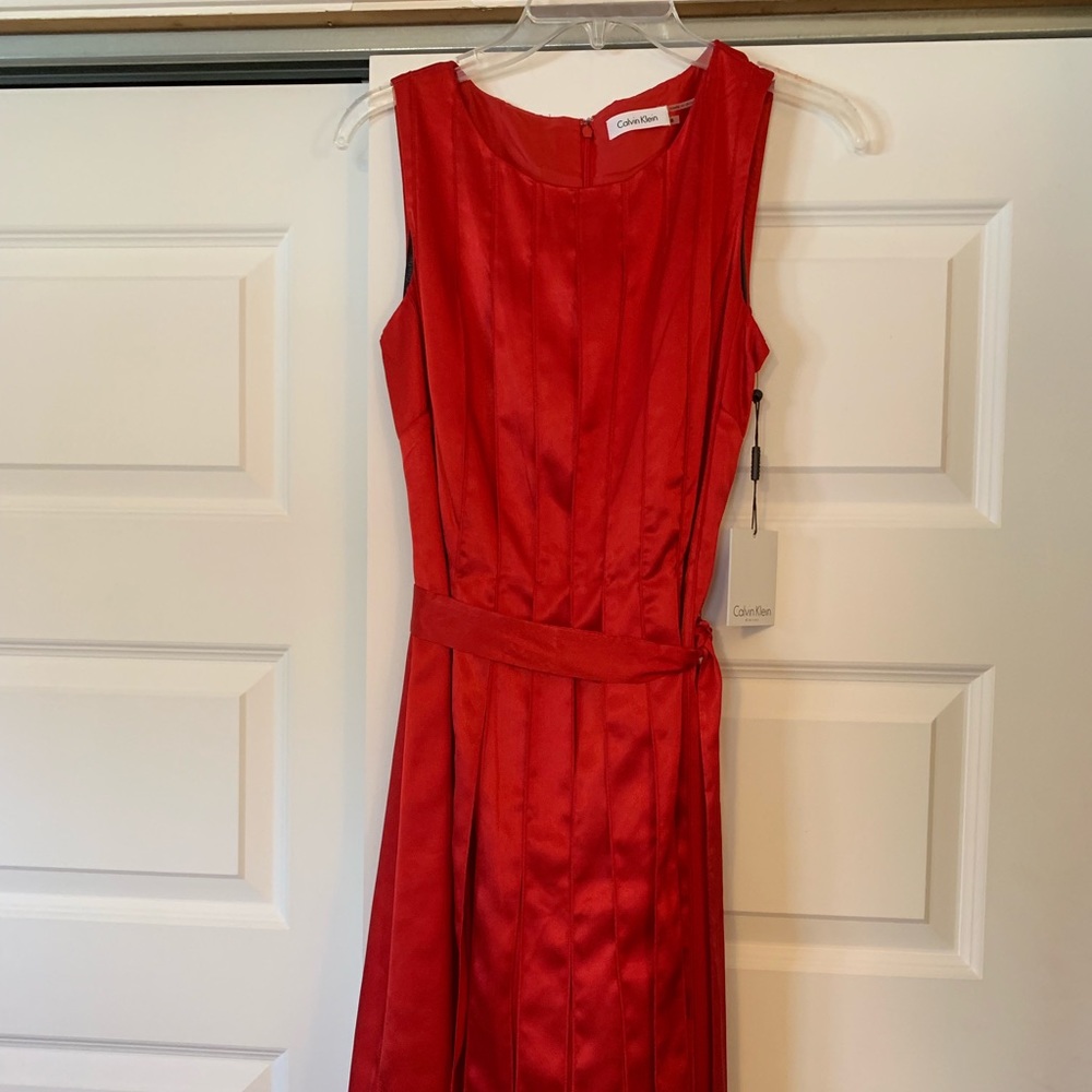 Calvin Klein Red Satin Pleat Dress